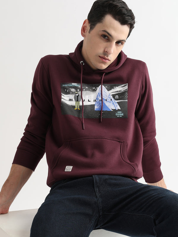 Embroided Print Mauve Wine Cotton Hoodie