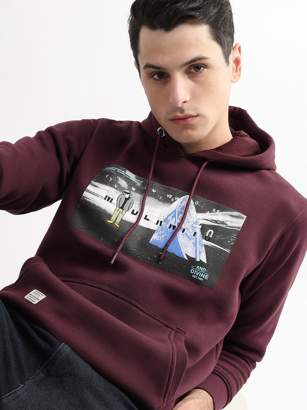Embroided Print Mauve Wine Cotton Hoodie