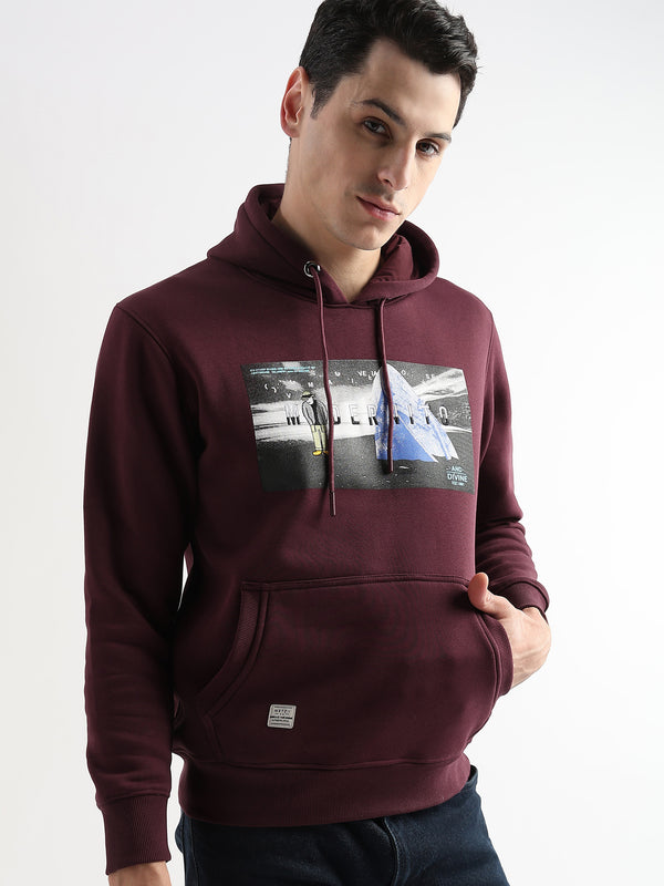 Embroided Print Mauve Wine Cotton Hoodie