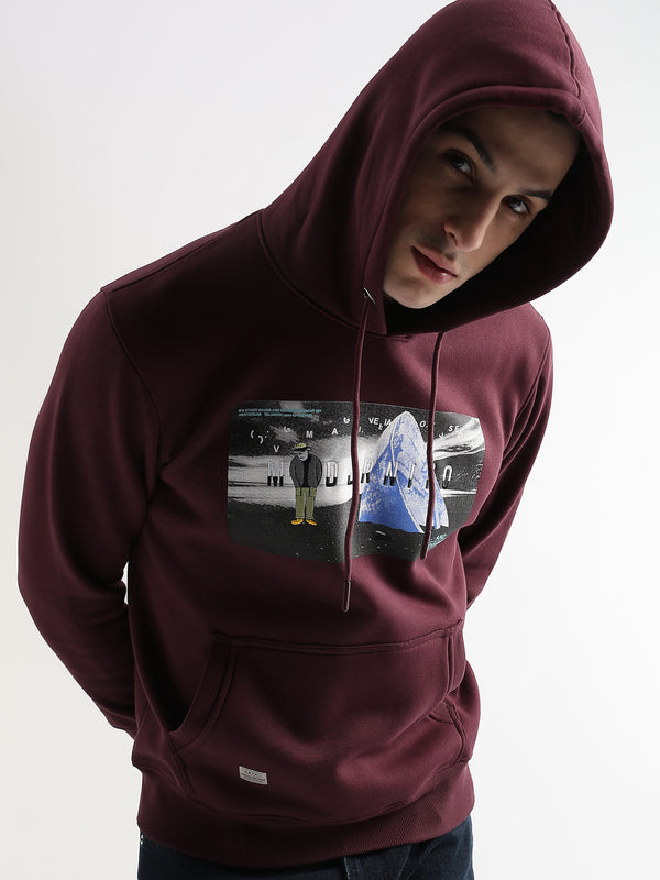 Embroided Print Mauve Wine Cotton Hoodie