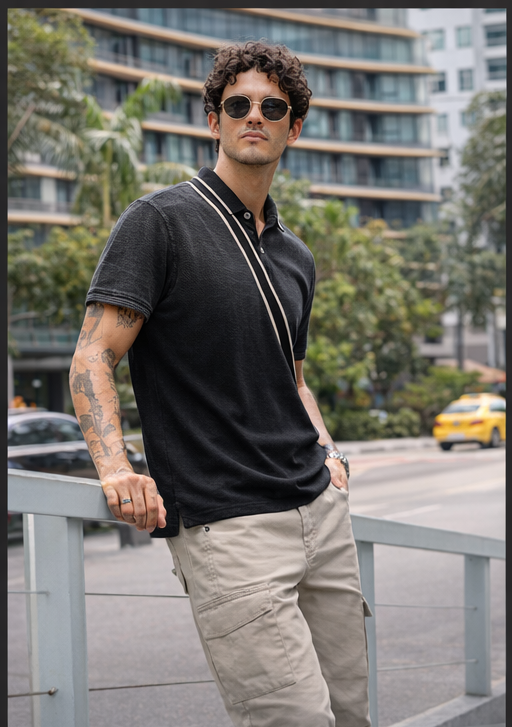 Chaos Black Heavy Textured Polo T-shirt - Image 1