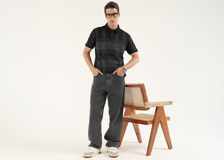 Noir Meridian Geometric Polo T-Shirt
