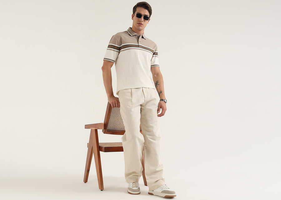 Truffle Beige Harlow Stripe Knit Polo T-Shirt