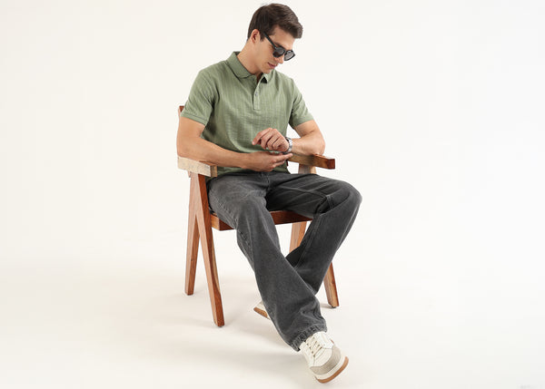 Matcha Stone Self Structured Knit Polo T-Shirt