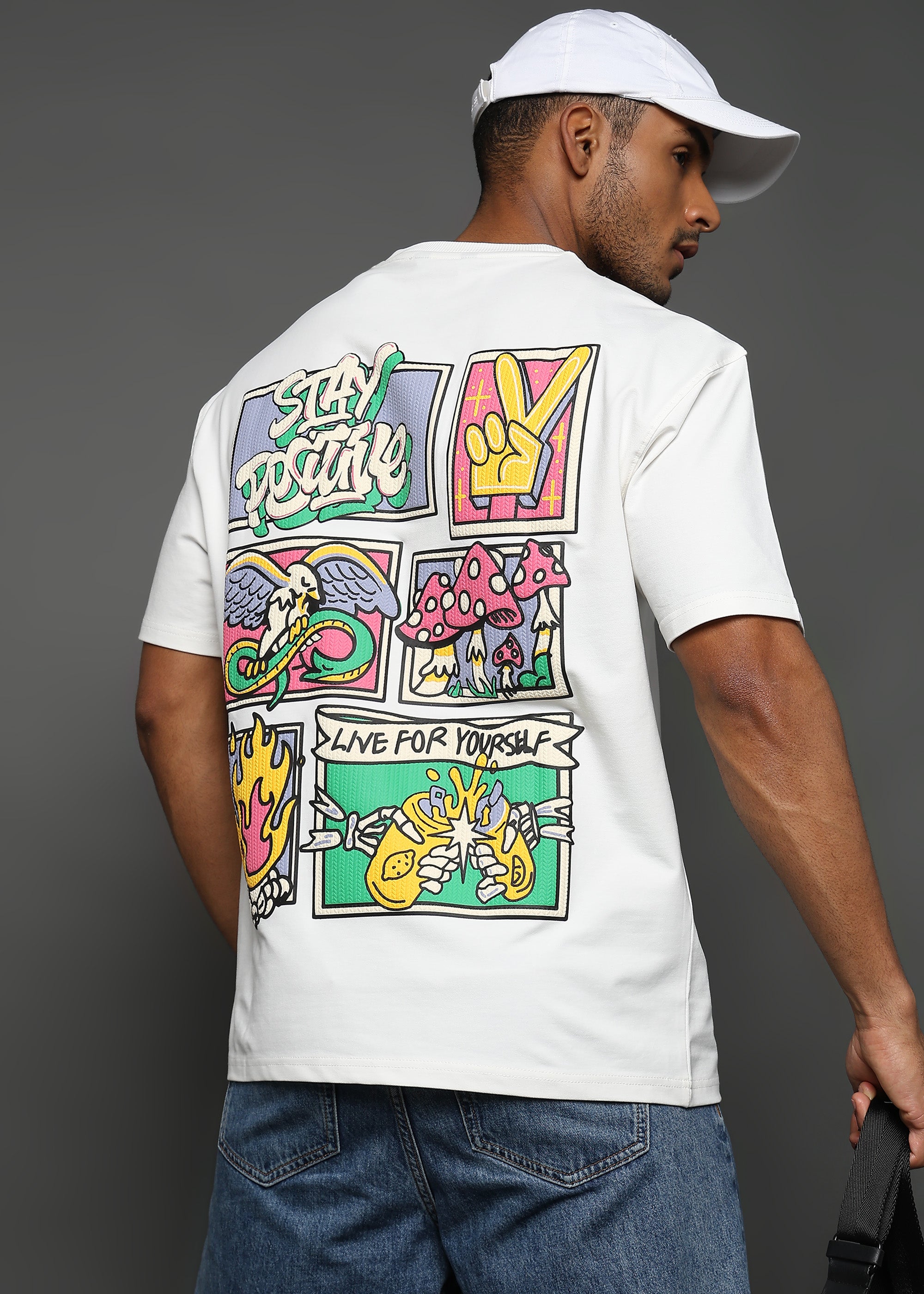 Star White Stay Positive Graphic Oversized