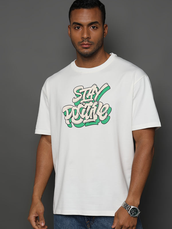 Star White Stay Positive Graphic Oversized
