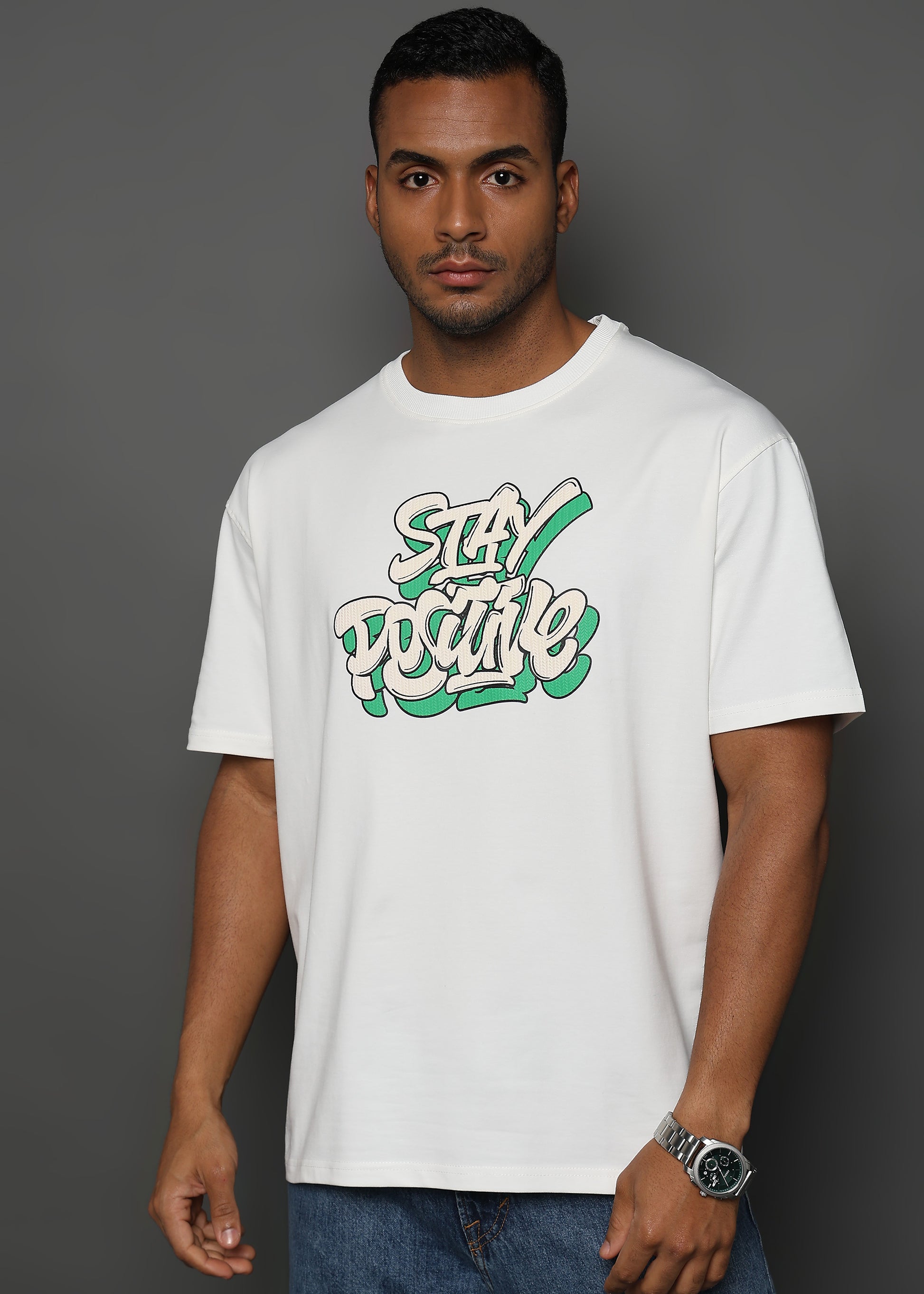 Star White Stay Positive Graphic Oversized