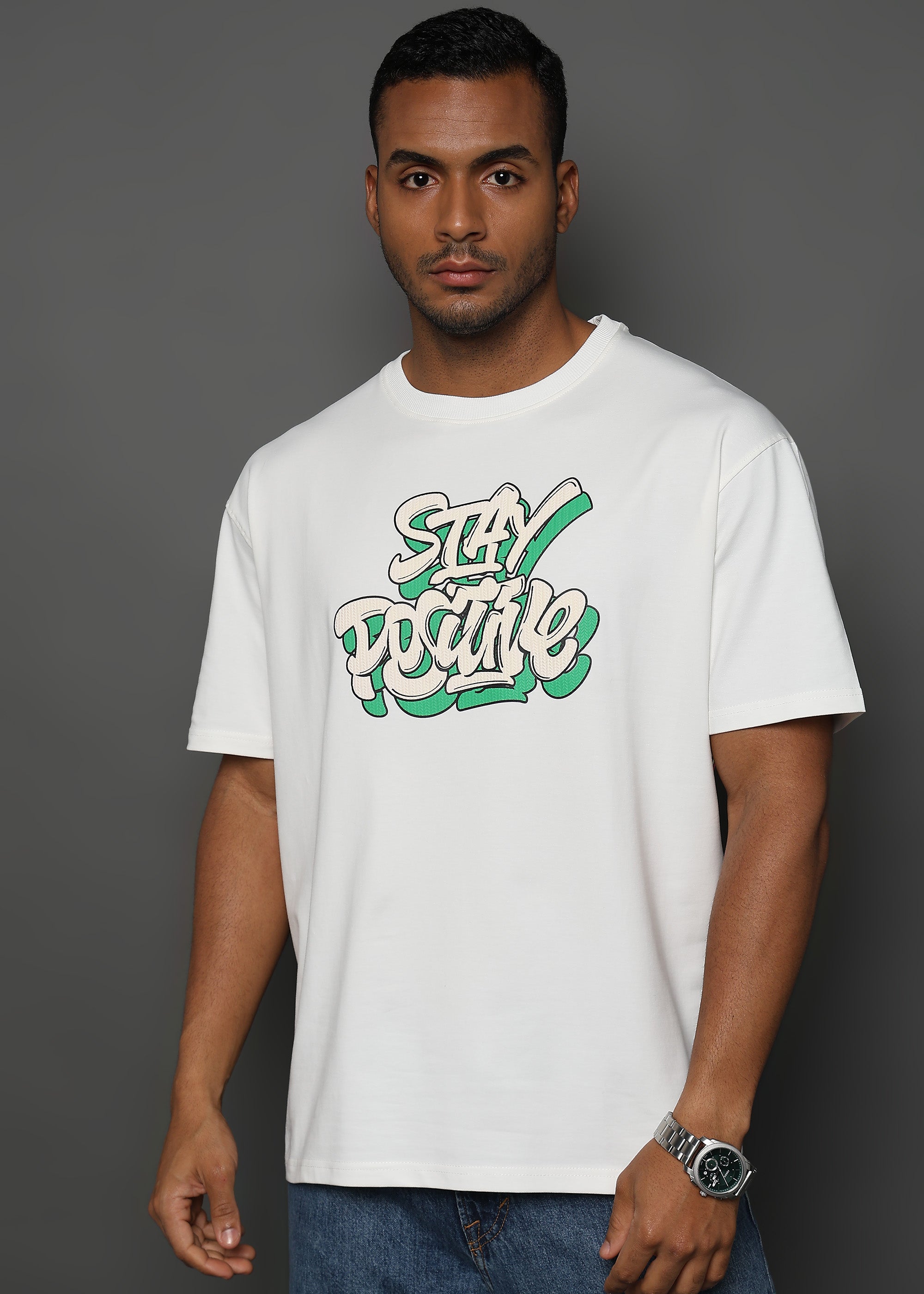 Star White Stay Positive Graphic Oversized