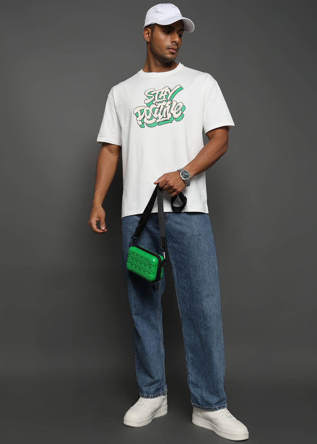 Star White Stay Positive Graphic Oversized