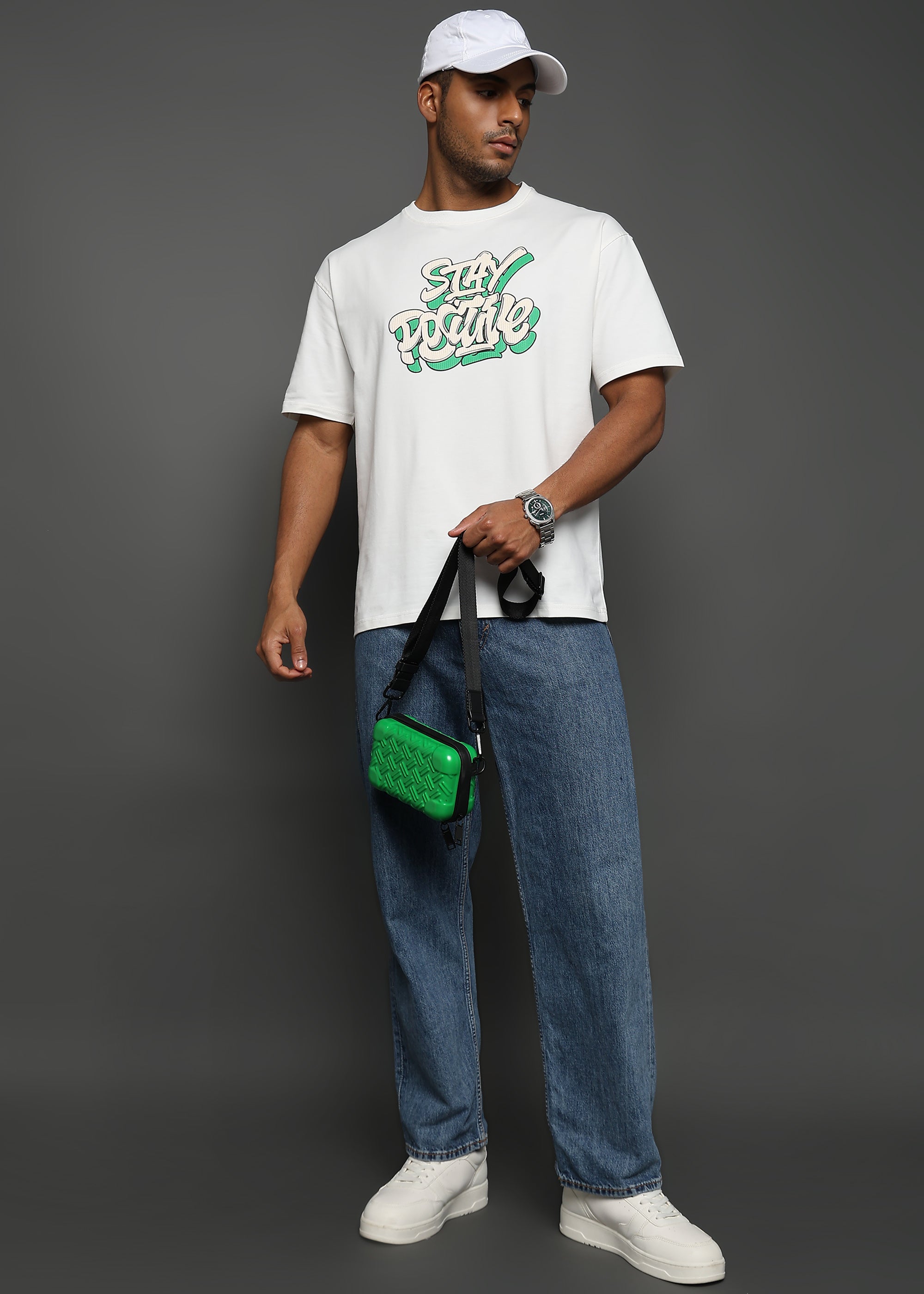 Star White Stay Positive Graphic Oversized