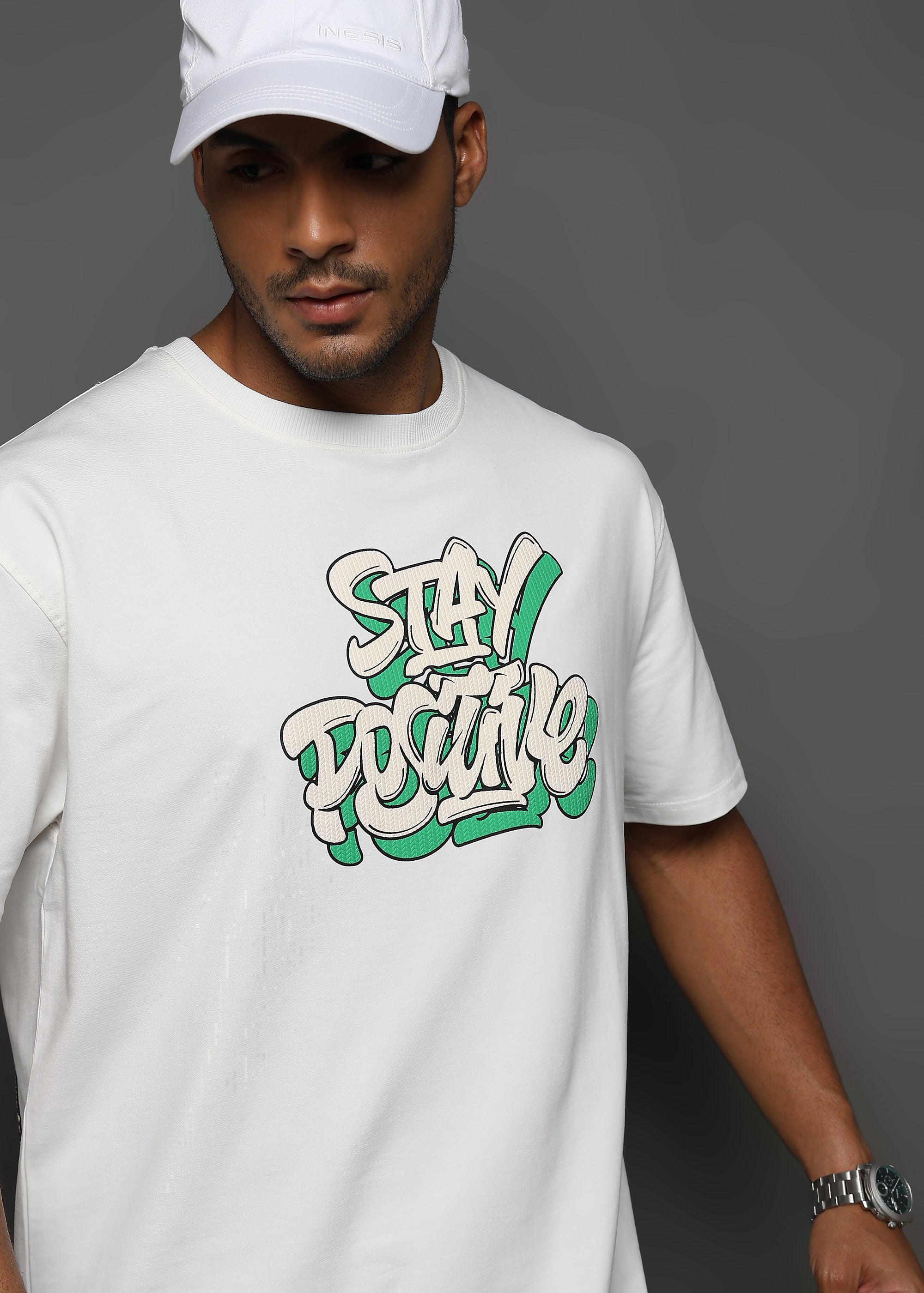 Star White Stay Positive Graphic Oversized