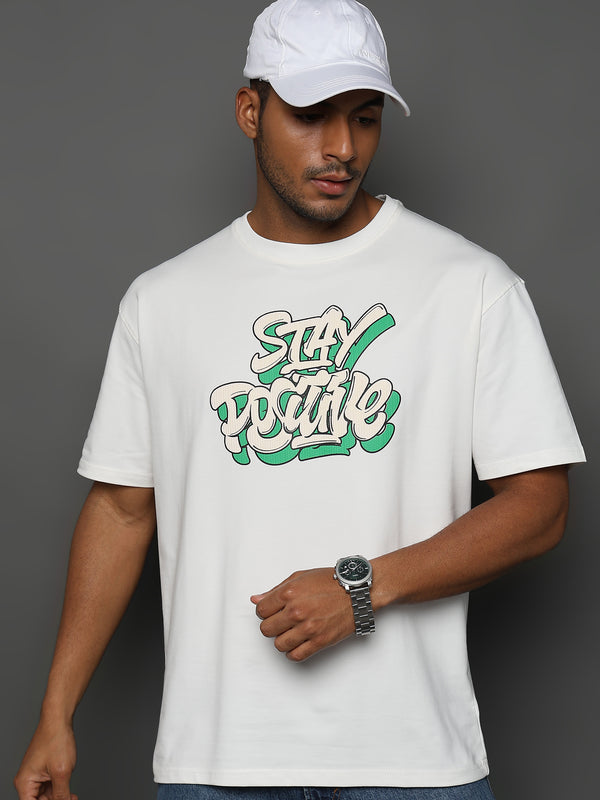 Star White Stay Positive Graphic Oversized