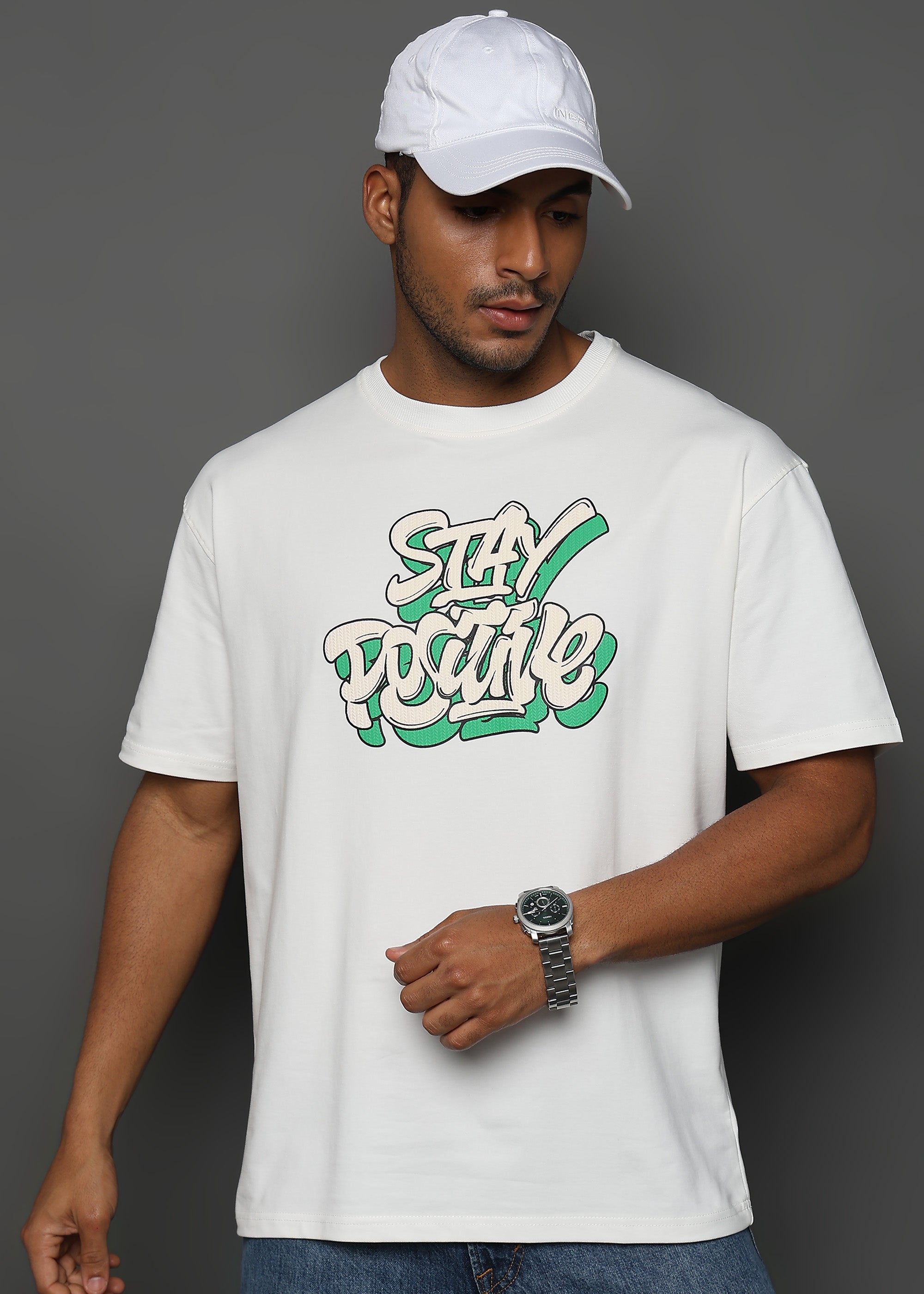 Star White Stay Positive Graphic Oversized