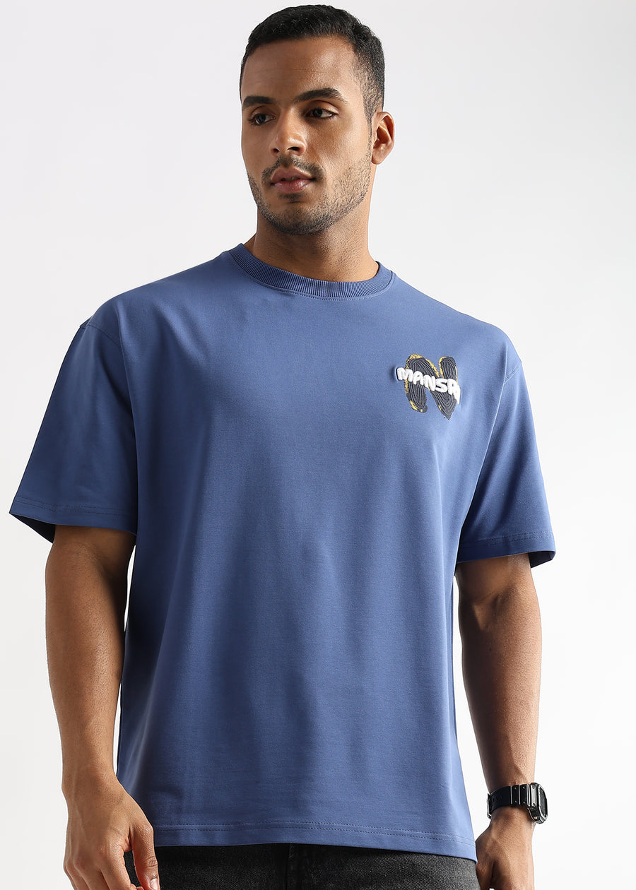 Federal Blue Mansrin Embroided Graphic Oversized