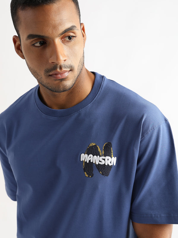 Federal Blue Mansrin Embroided Graphic Oversized