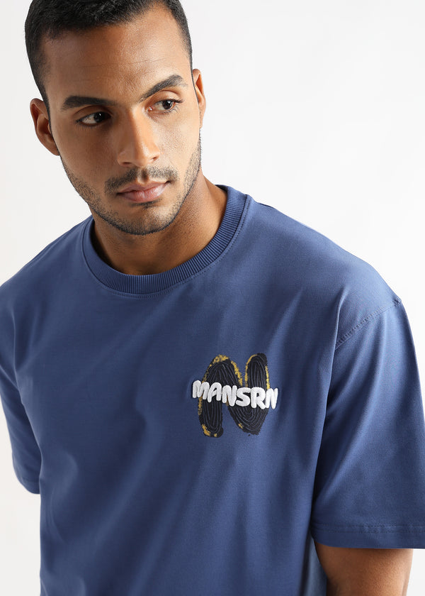 Federal Blue Mansrin Embroided Graphic Oversized