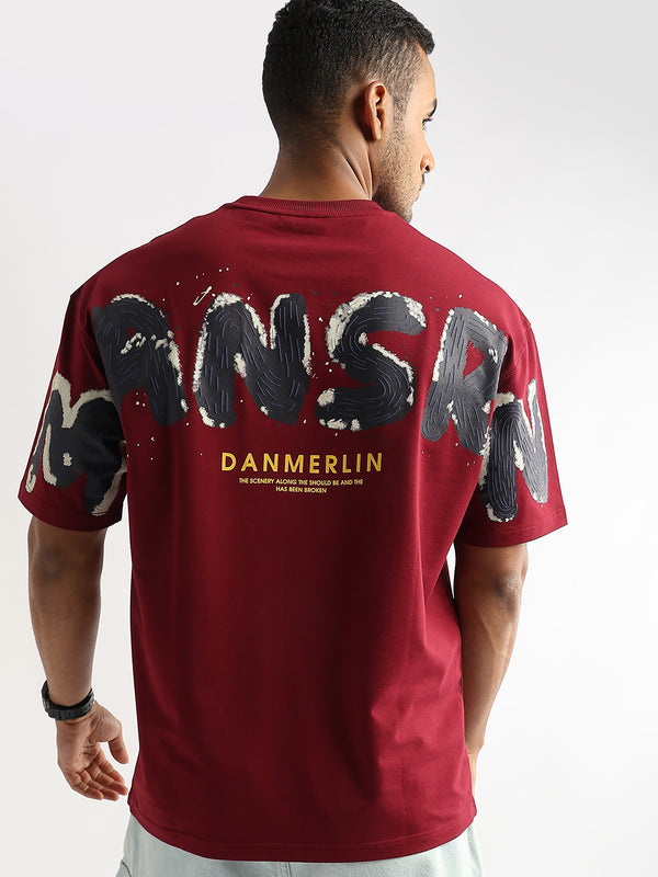 Rhubarb Red Mansrin Embroided Graphic Oversized