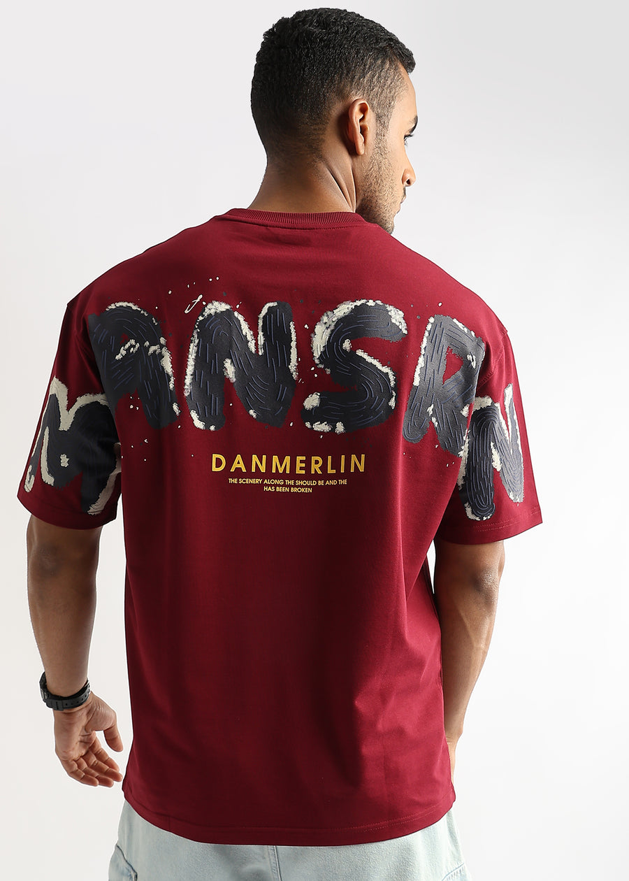 Rhubarb Red Mansrin Embroided Graphic Oversized