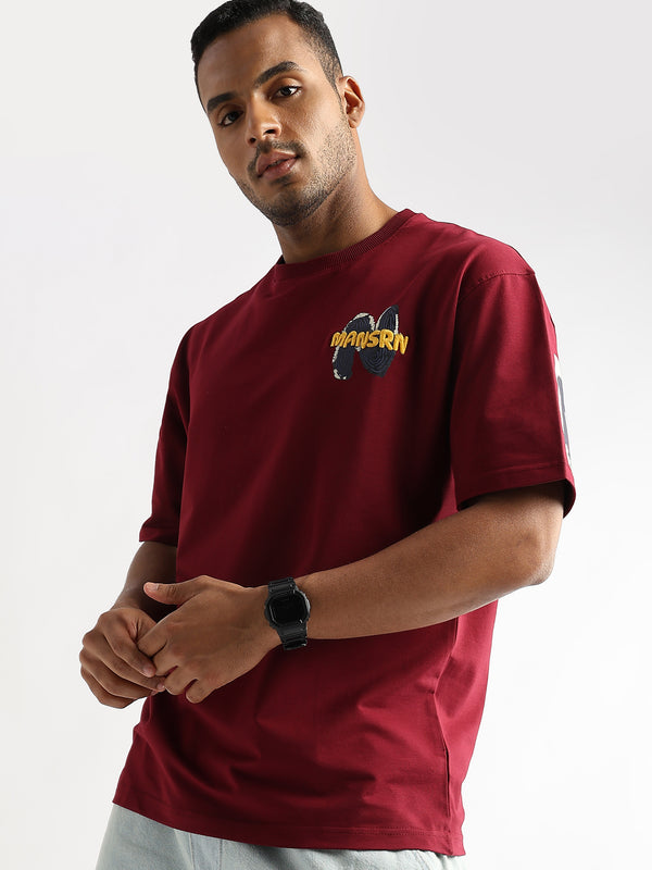 Rhubarb Red Mansrin Embroided Graphic Oversized