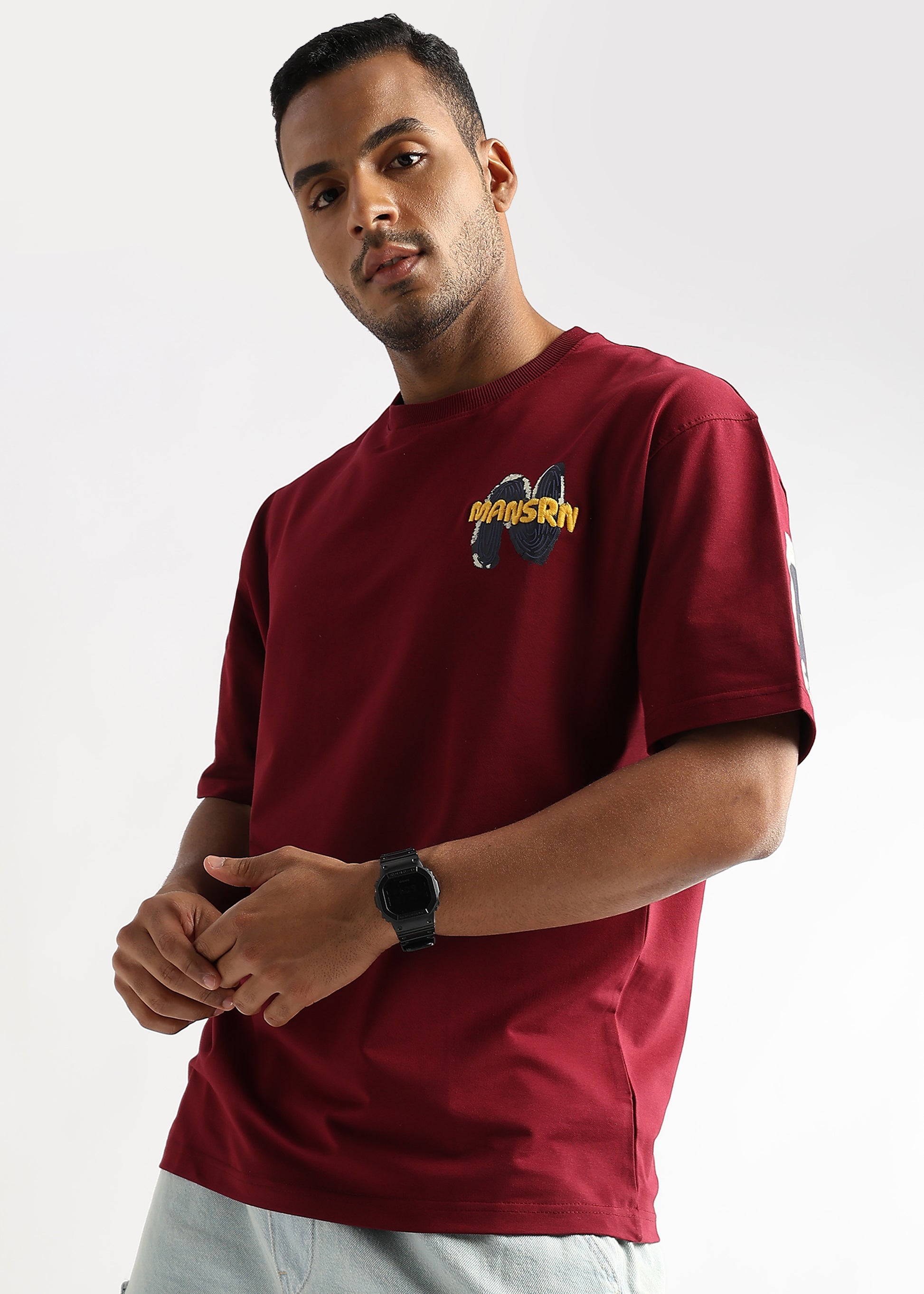 Rhubarb Red Mansrin Embroided Graphic Oversized