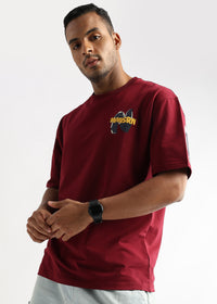 Rhubarb Red Mansrin Embroided Graphic Oversized