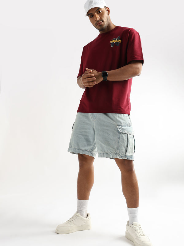 Rhubarb Red Mansrin Embroided Graphic Oversized