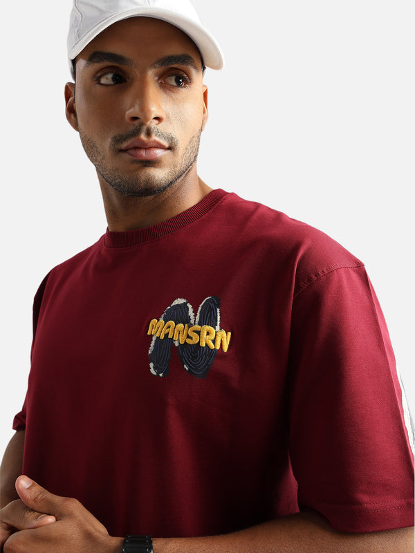 Rhubarb Red Mansrin Embroided Graphic Oversized