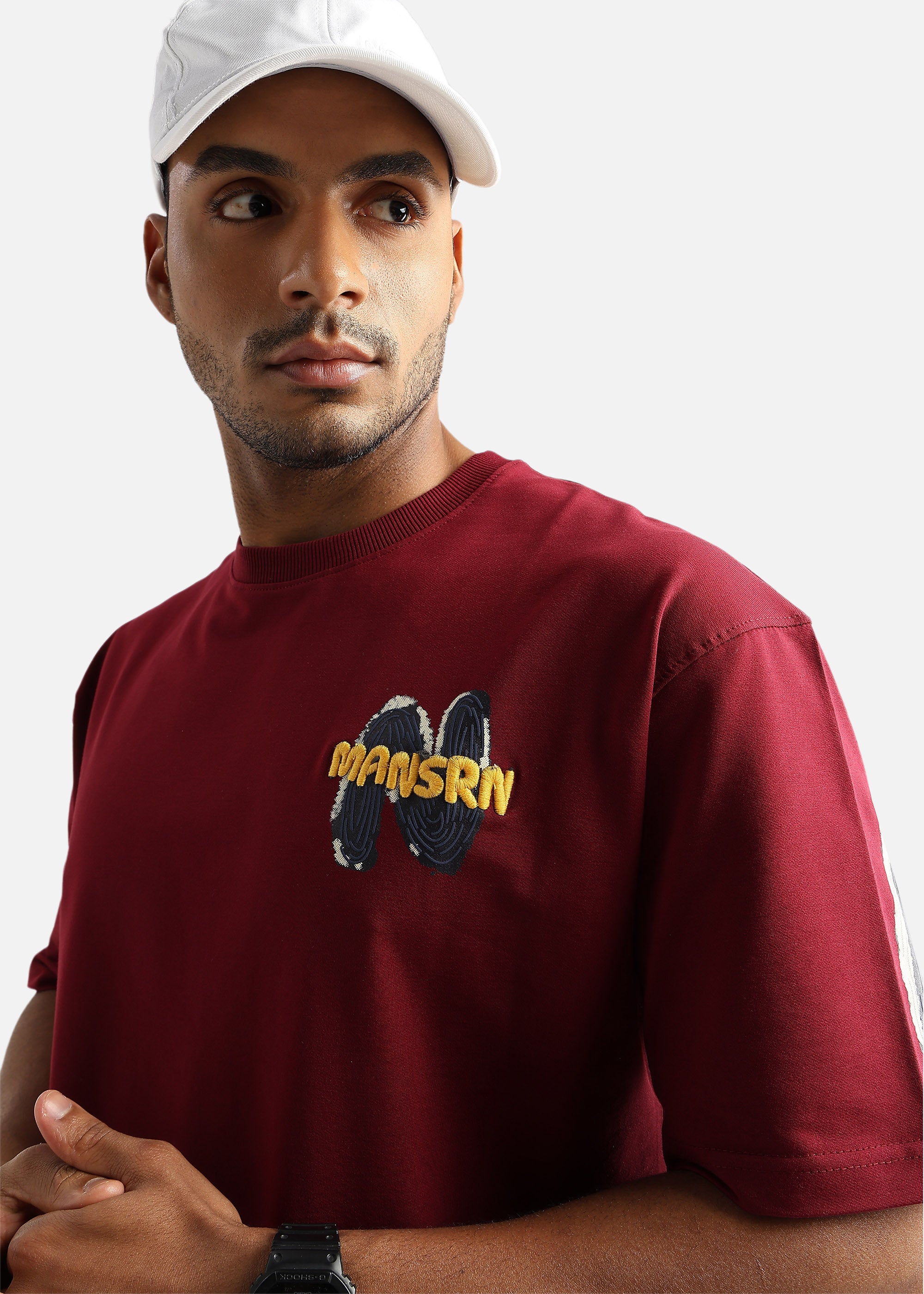 Rhubarb Red Mansrin Embroided Graphic Oversized