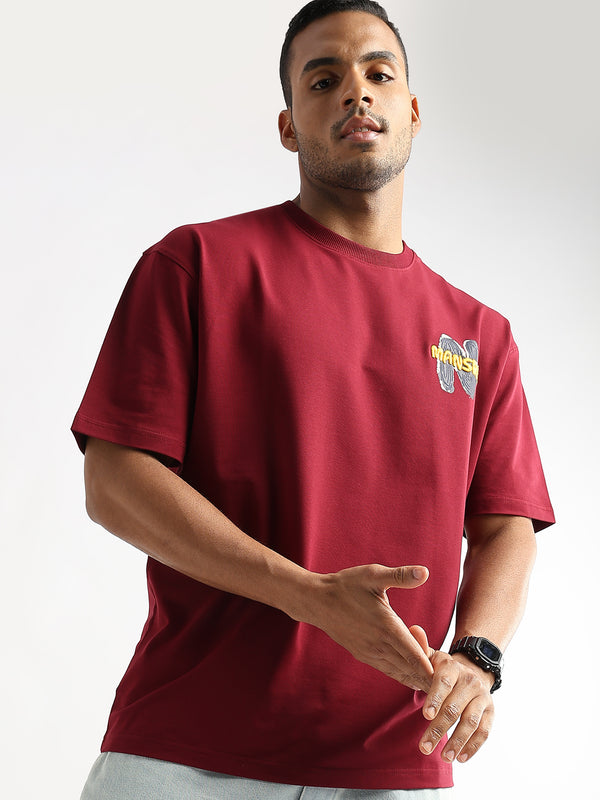 Rhubarb Red Mansrin Embroided Graphic Oversized