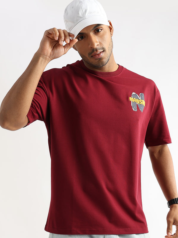 Rhubarb Red Mansrin Embroided Graphic Oversized