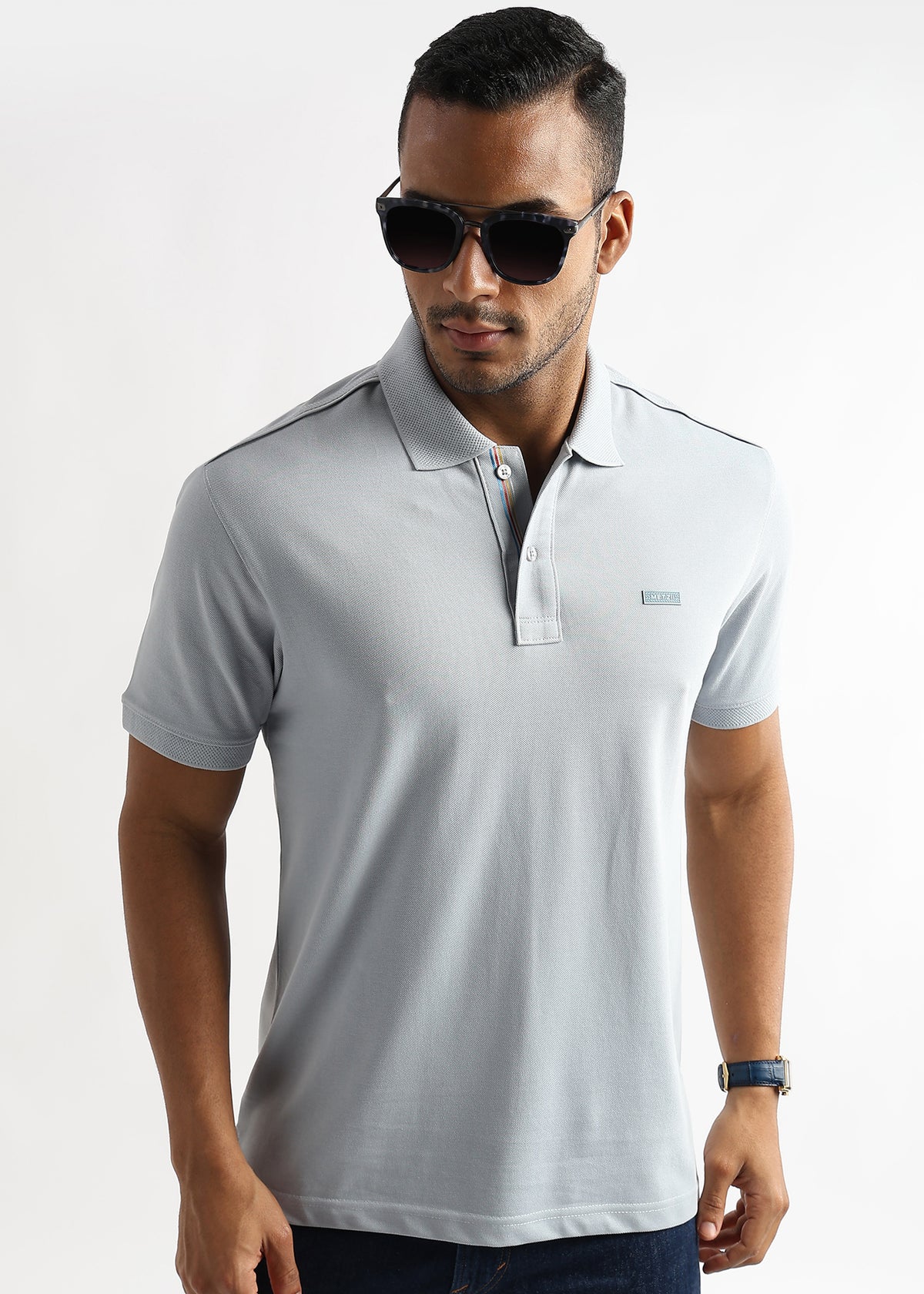 High Rise Gray Solid Polo T-Shirt