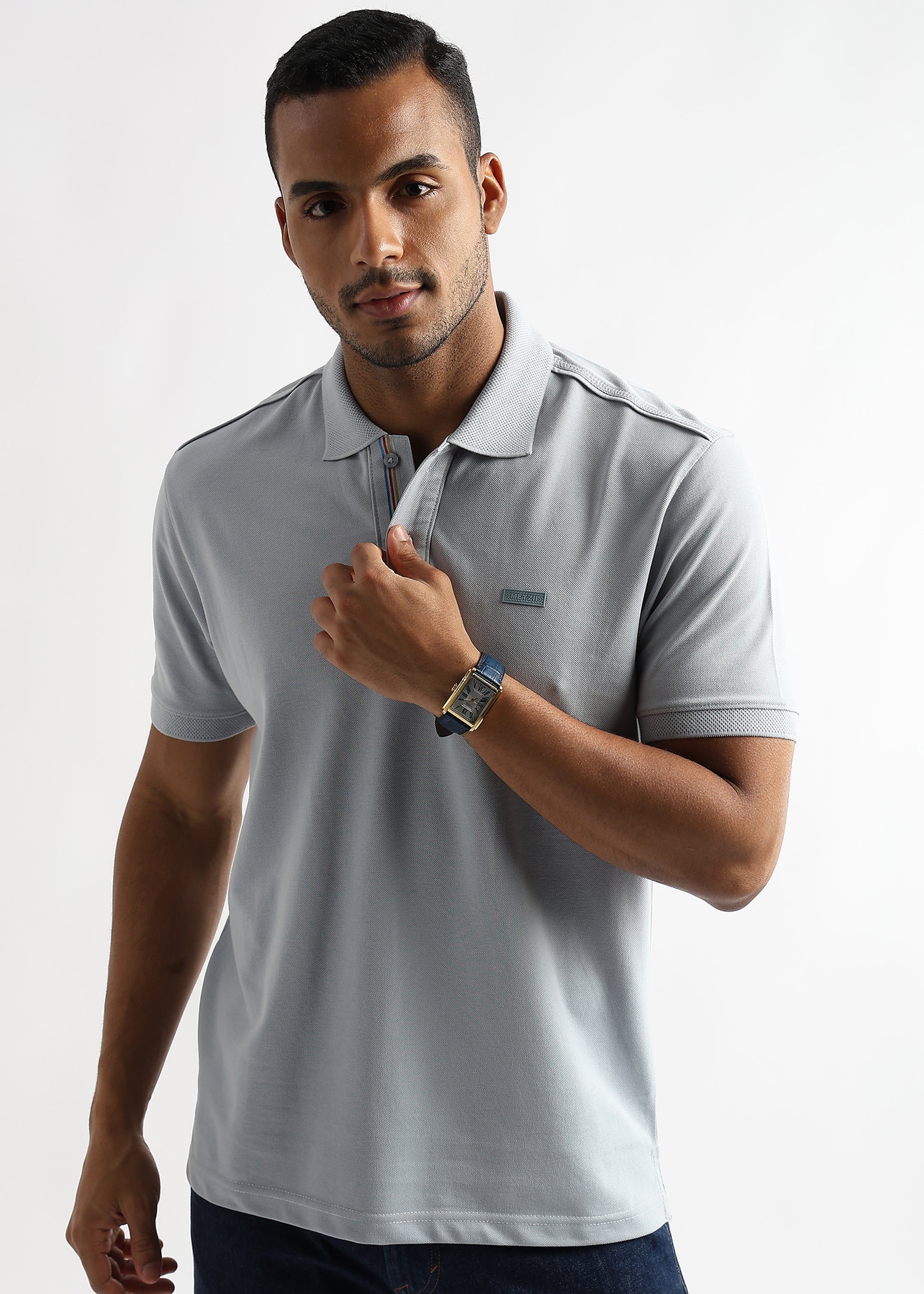 High Rise Gray Solid Polo T-Shirt