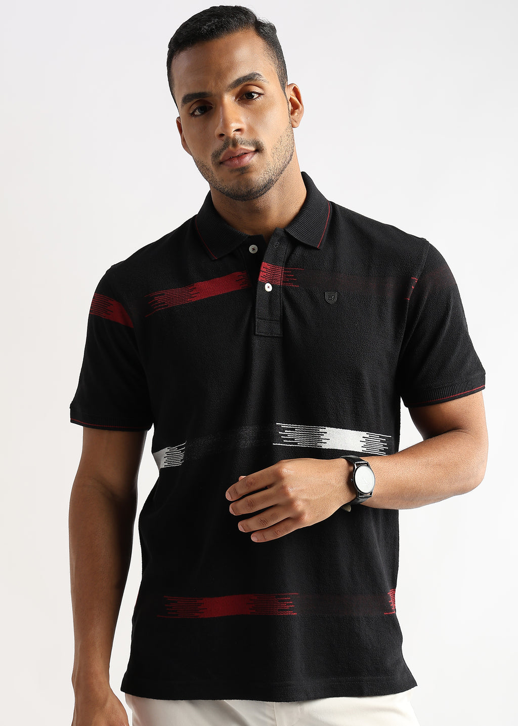 Crepe Structure Black with Red and White Stripes