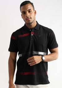 Crepe Structure Black with Red and White Stripes