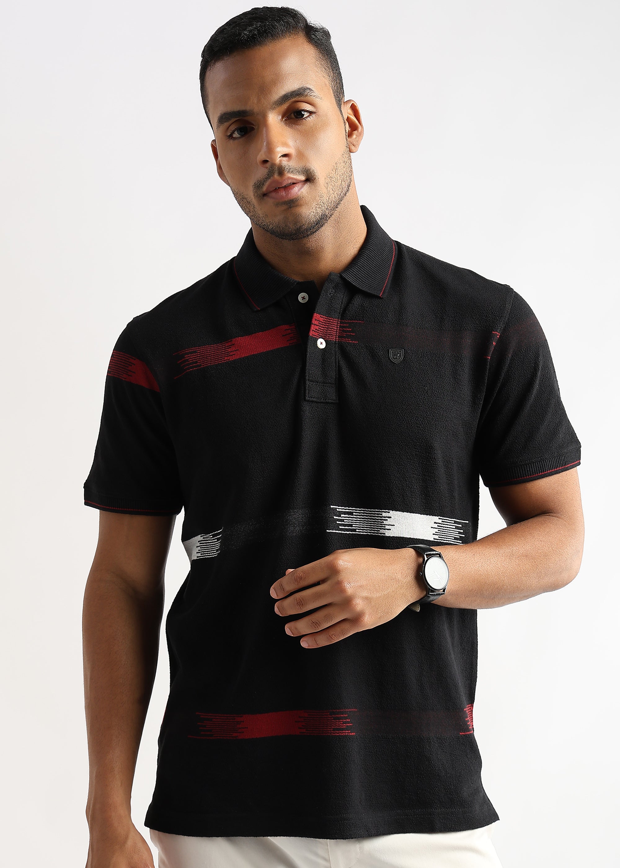 Crepe Structure Black with Red and White Stripes