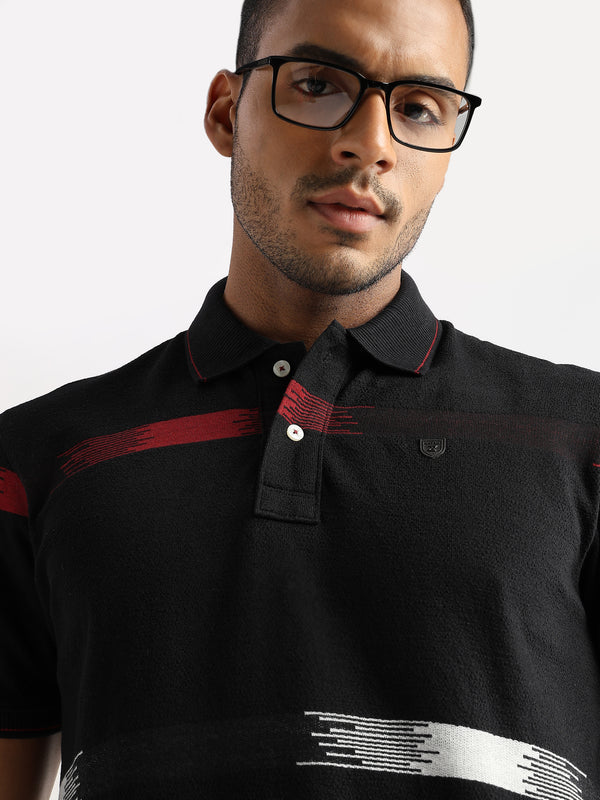 Crepe Structure Black with Red and White Stripes