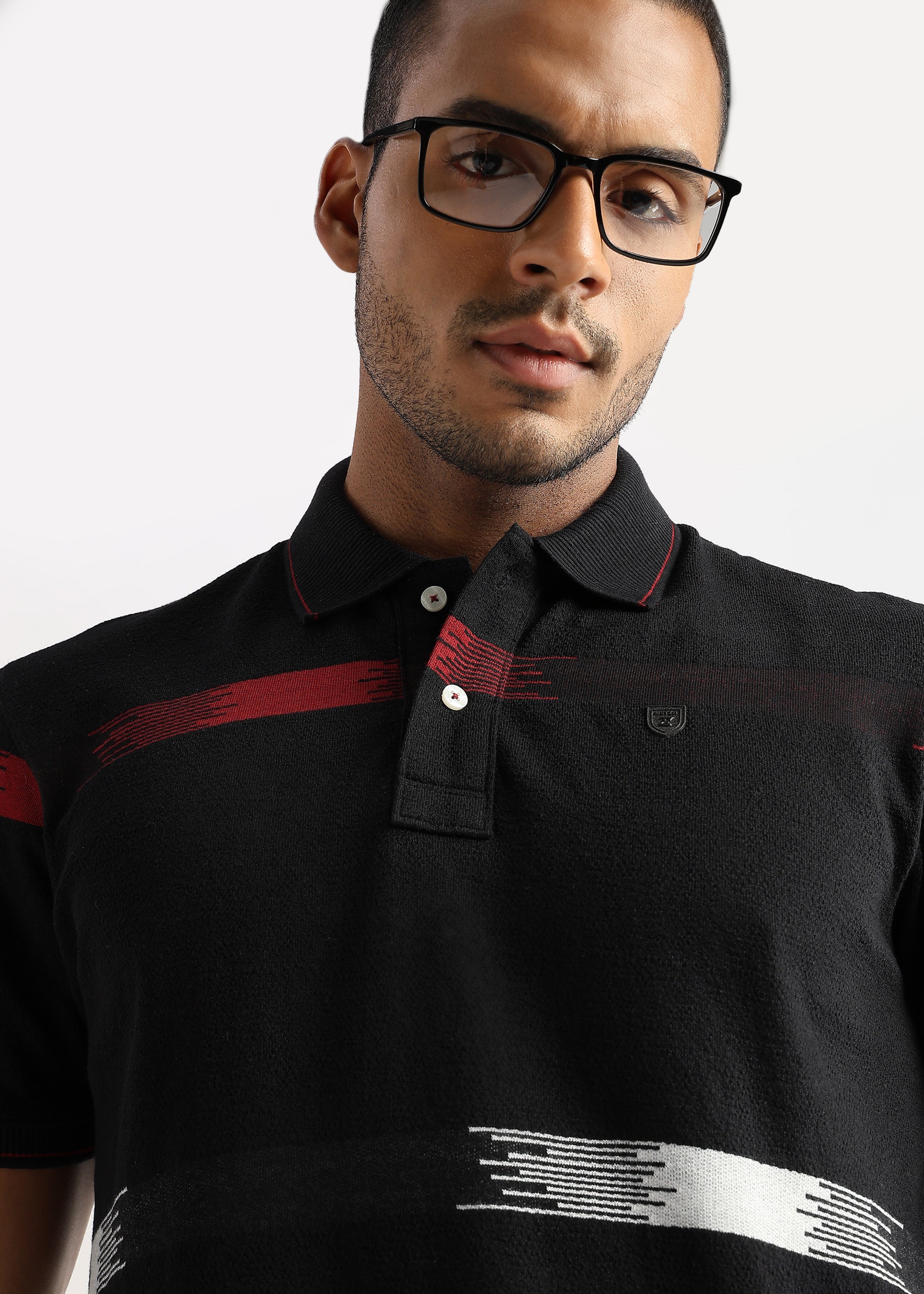 Crepe Structure Black with Red and White Stripes