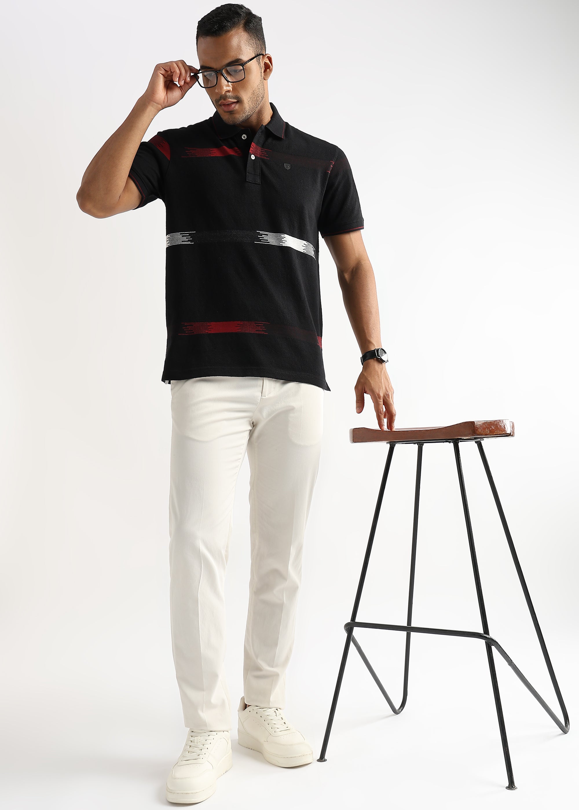 Crepe Structure Black with Red and White Stripes