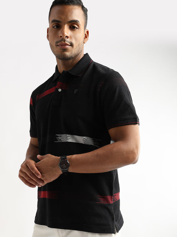 Crepe Structure Black with Red and White Stripes