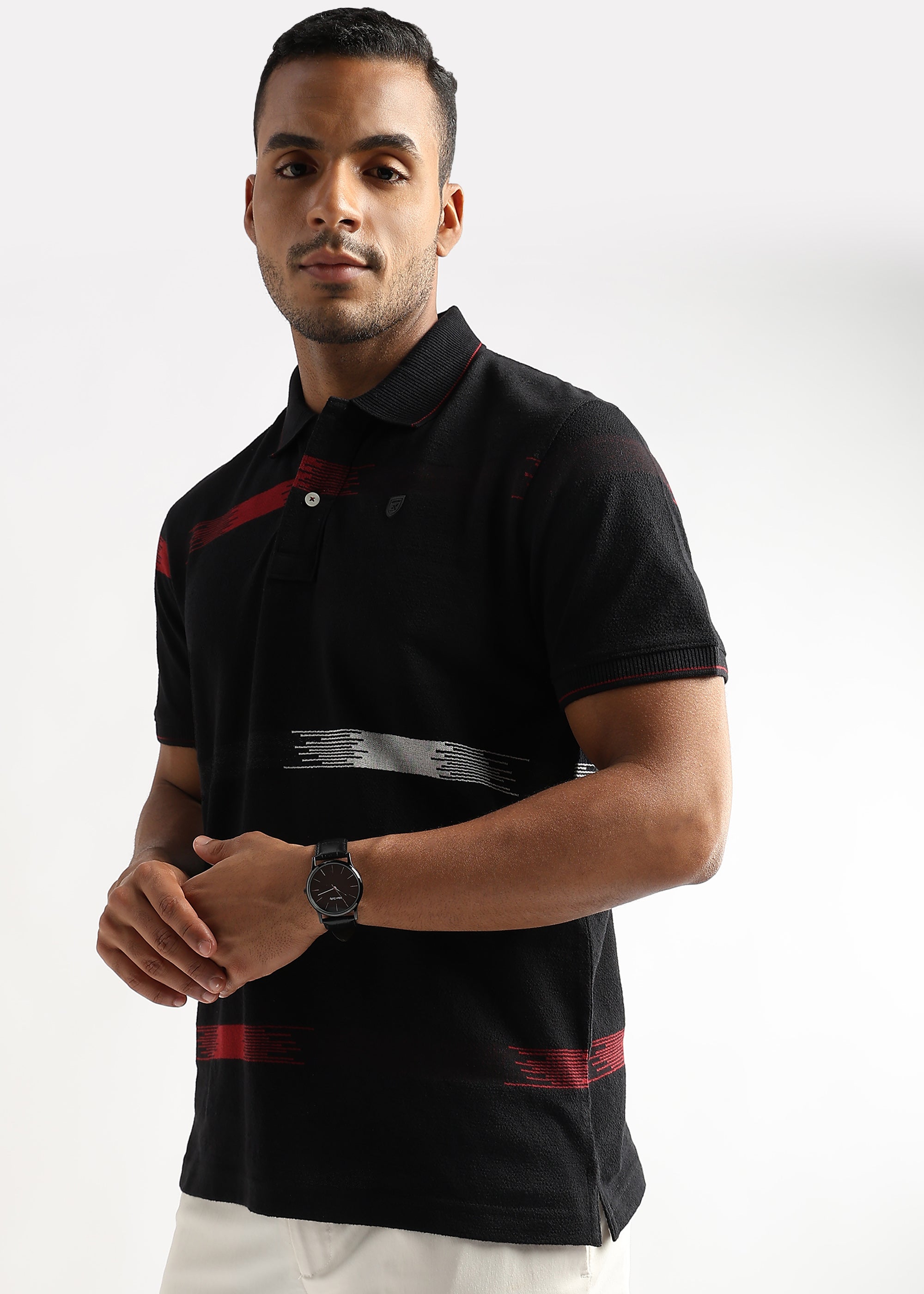 Crepe Structure Black with Red and White Stripes