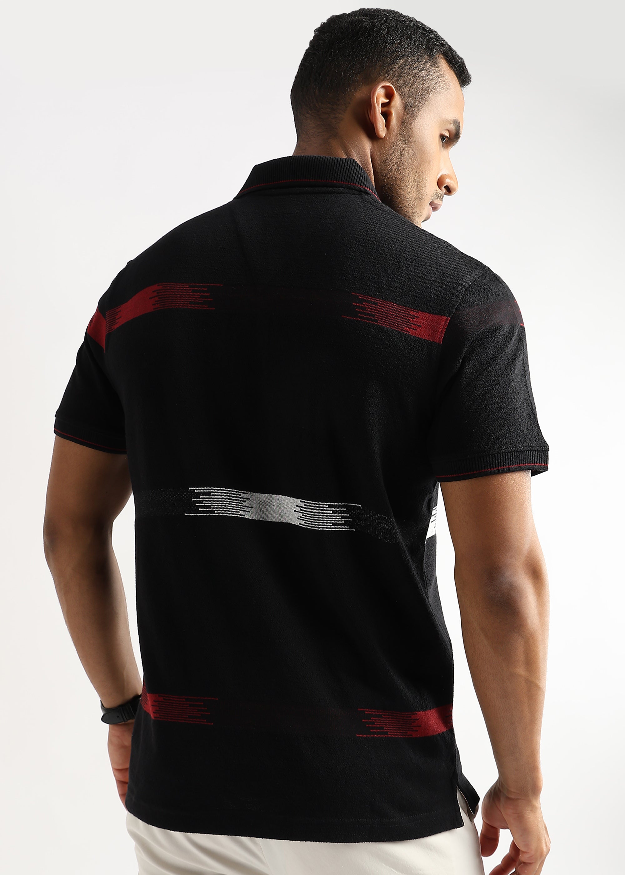 Crepe Structure Black with Red and White Stripes