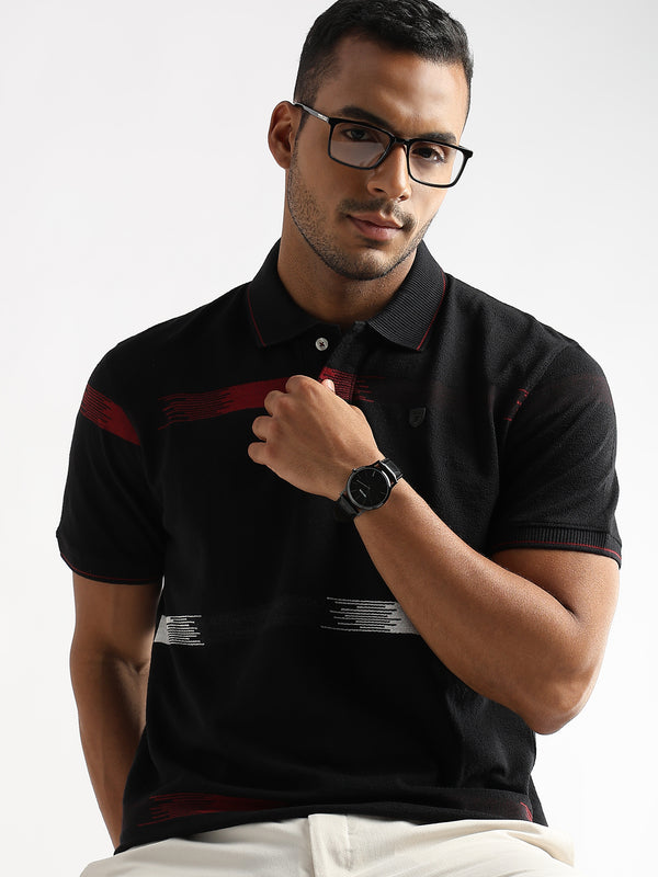 Crepe Structure Black with Red and White Stripes