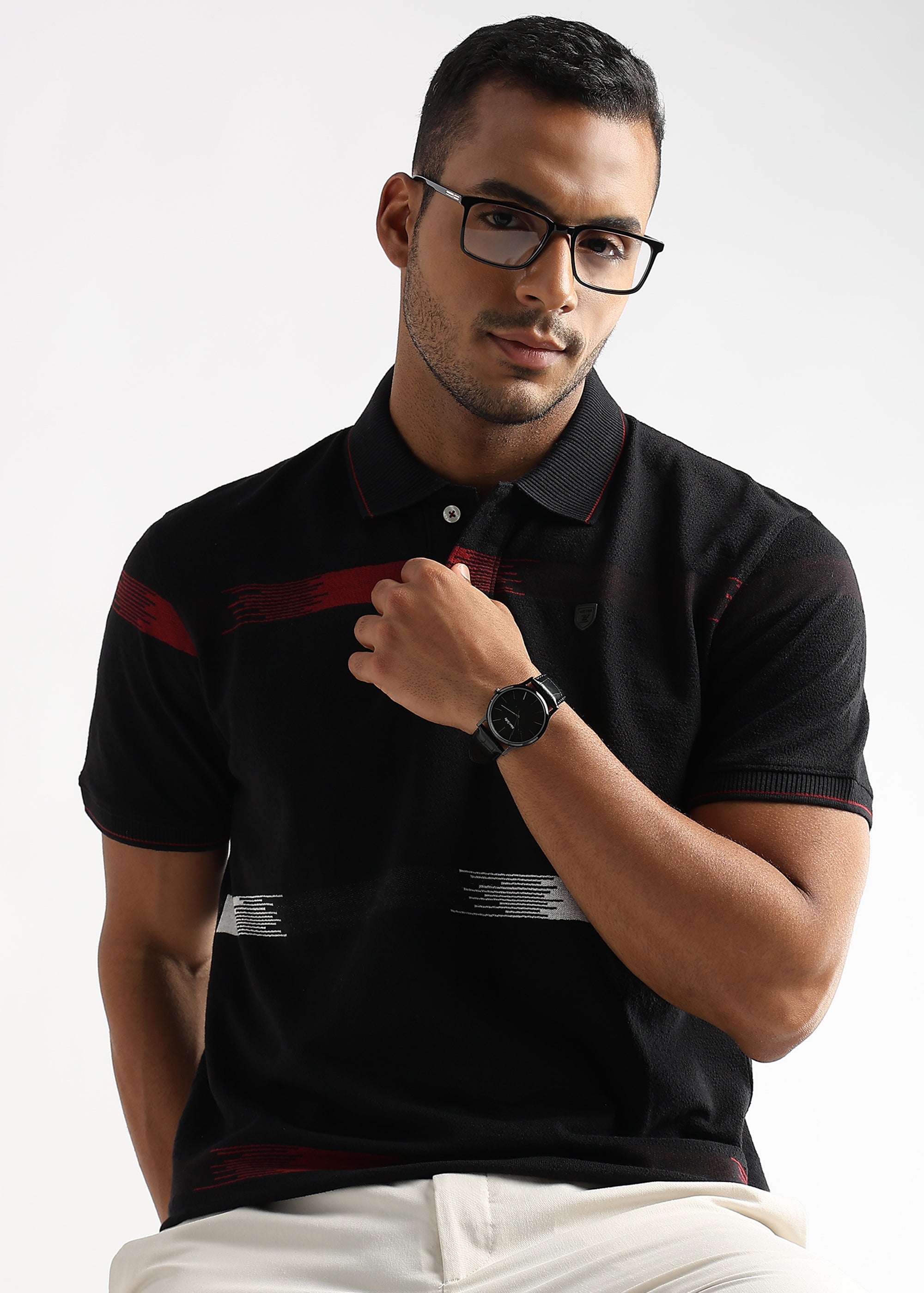 Crepe Structure Black with Red and White Stripes