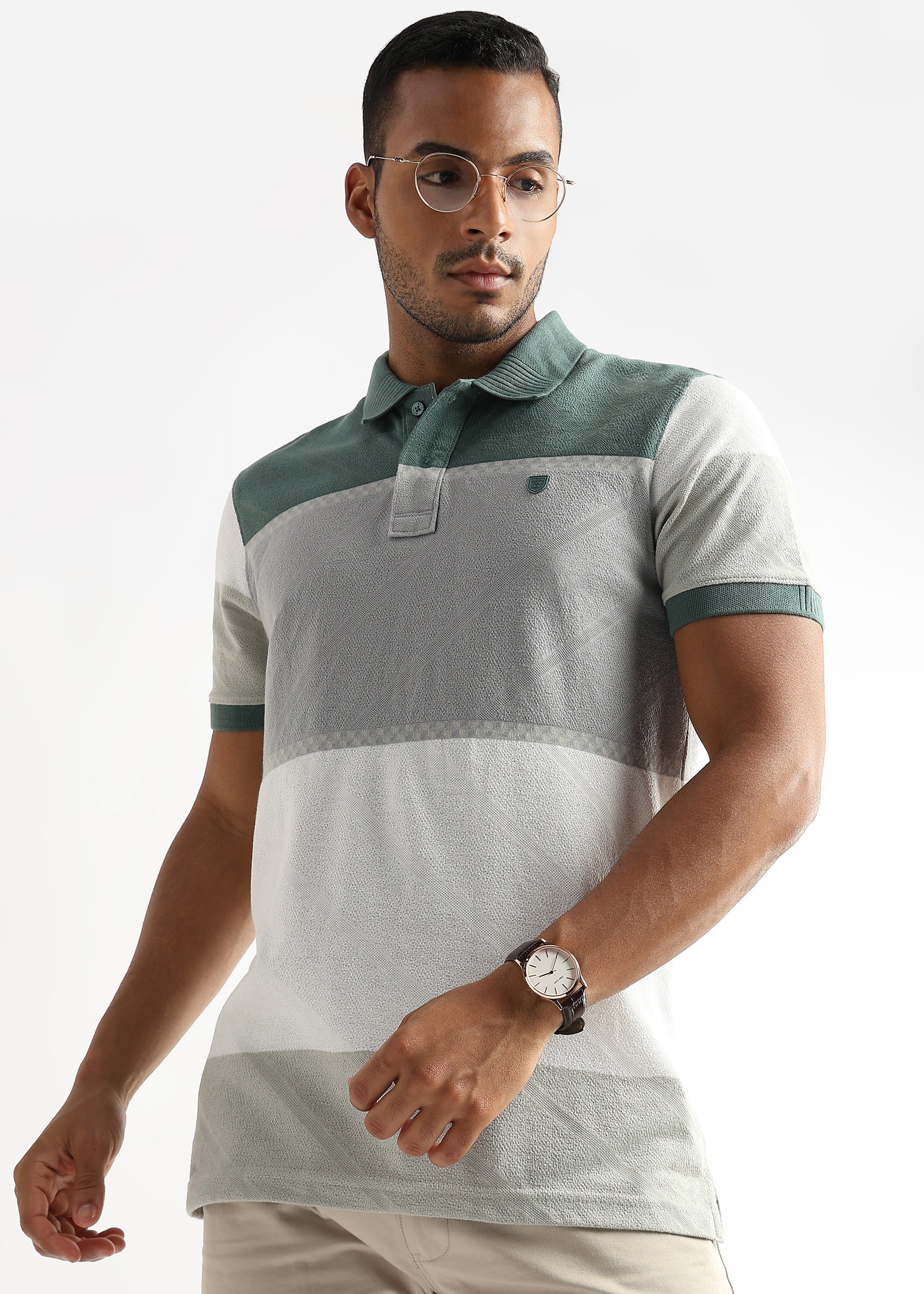 Classic Jacquard Structure Green and Grey Stripes