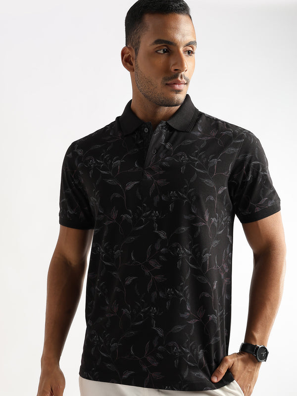 Caviar Black Leaf Printed Polo