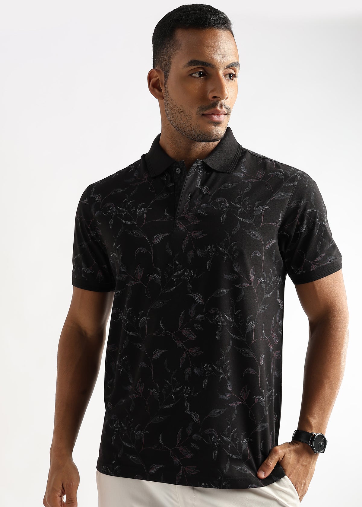 Caviar Black Leaf Printed Polo