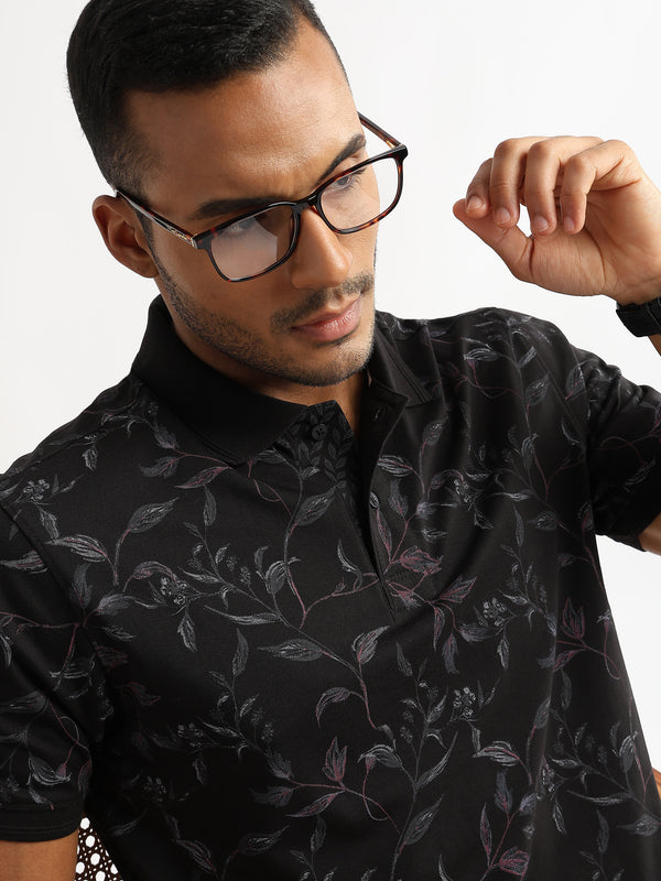 Caviar Black Leaf Printed Polo