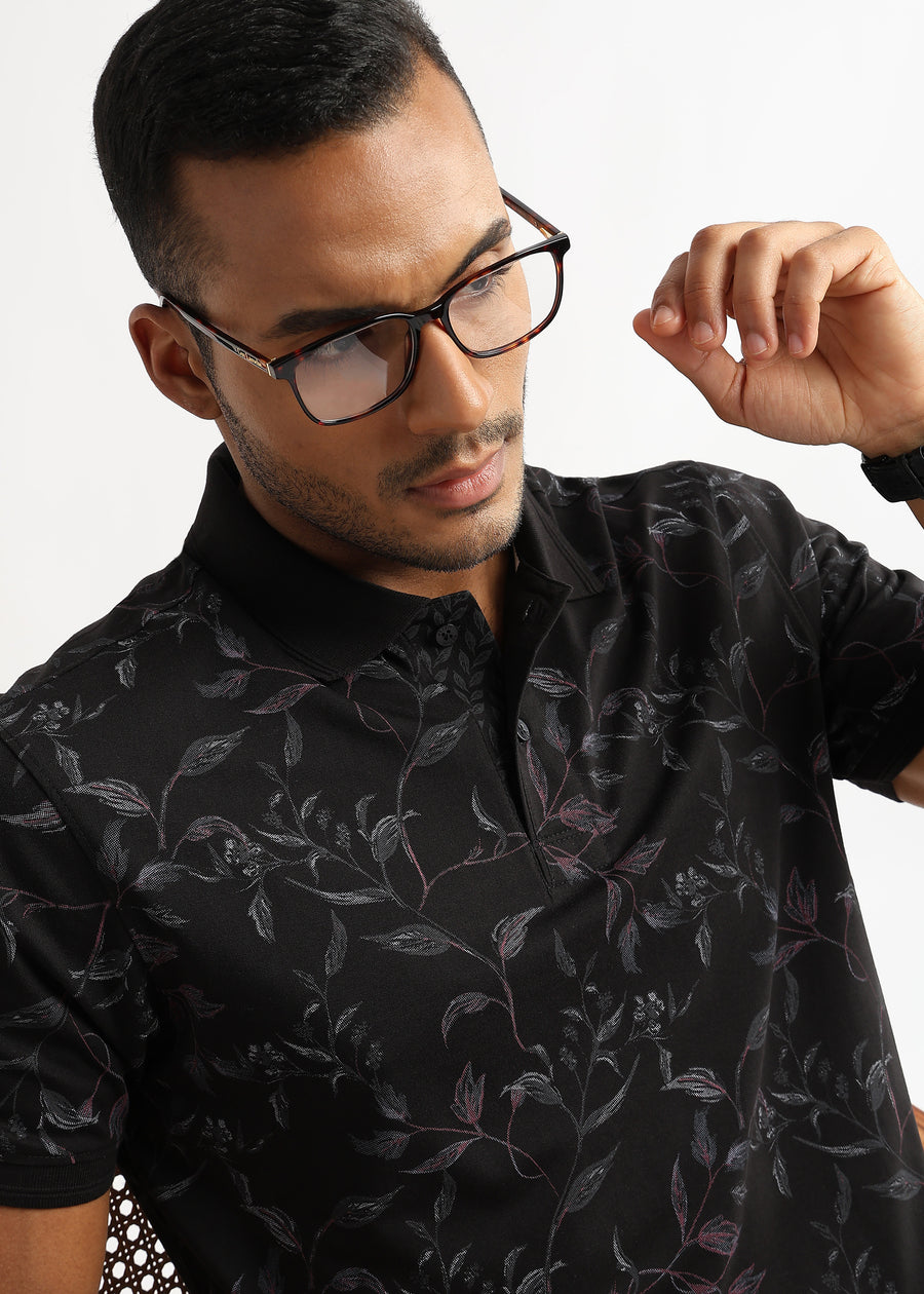 Caviar Black Leaf Printed Polo