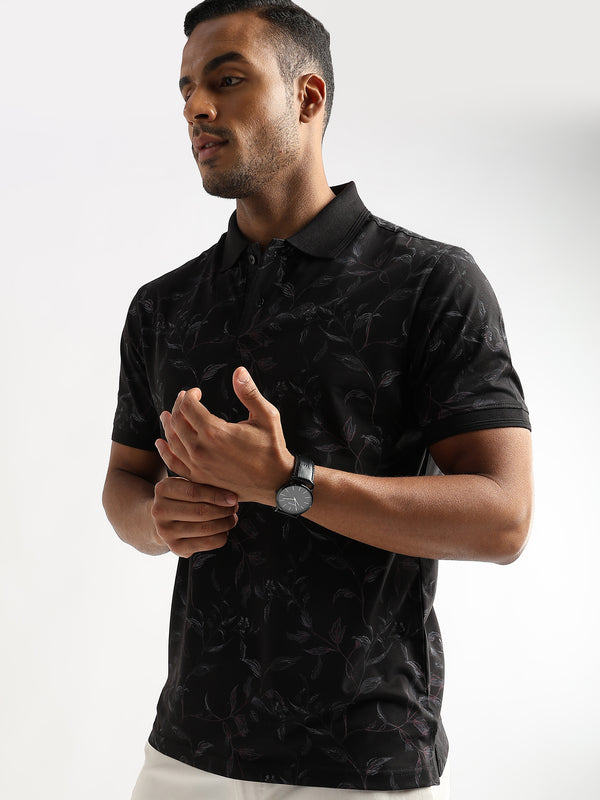 Caviar Black Leaf Printed Polo