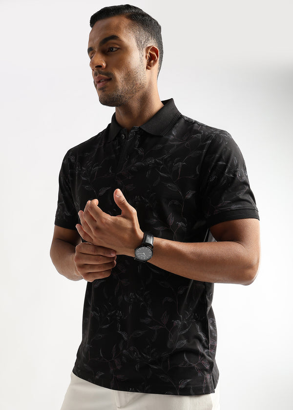 Caviar Black Leaf Printed Polo